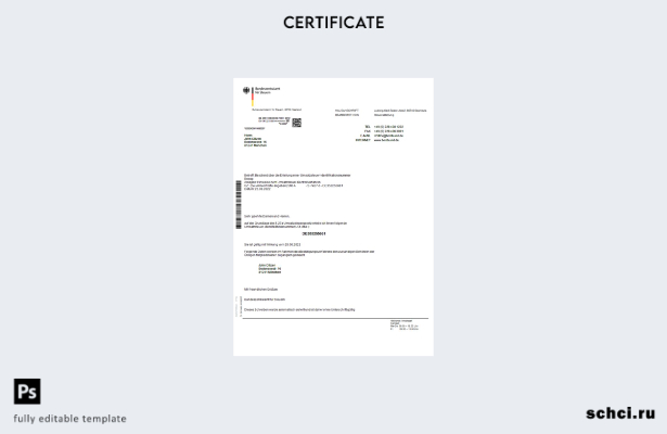 цифровая загрузка сертификата Bundeszentralamt für Steuem Германии, шаблон Word 